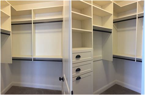 White melamine walk-in closet with adjustable shelving, double hang ...