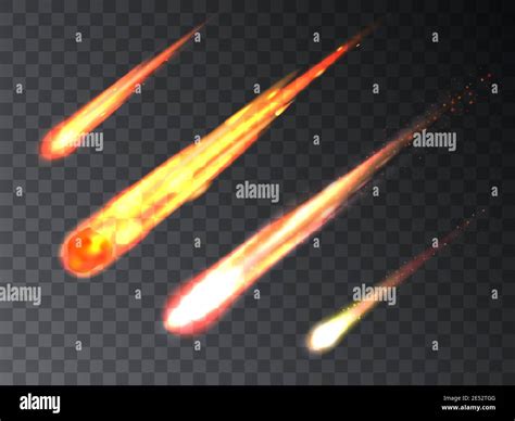 Set of falling luminous comet meteorites. Vector illustration of burning meteorites, asteroids ...