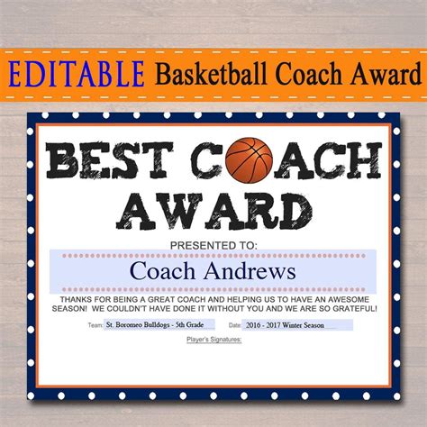 Basketball Coach Award Certificate Basketball Team Award Basketball ...