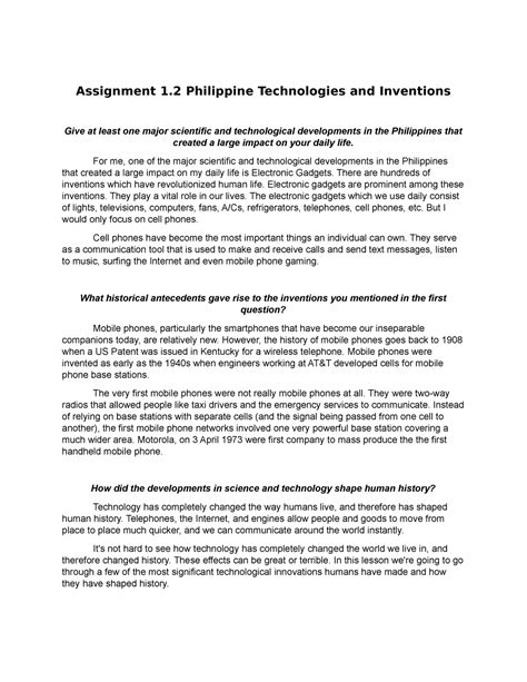 Assignment 1.2 Philippine Technologies and Inventions - Science, Technology And Society - Studocu