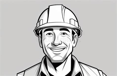 Man in Hard Hat Smiling in Black and White Drawing with Sports Equipment Stock Illustration ...