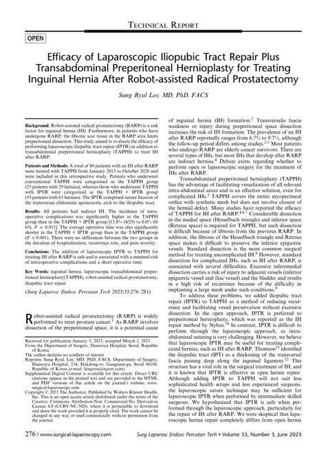 (PDF) Efficacy of Laparoscopic Iliopubic Tract Repair Plus Transabdominal Preperitoneal ...