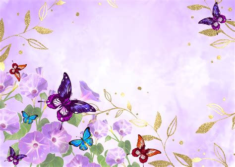 Butterfly Flowers Golden Plants Watercolor Halo Romantic Purple Background, Watercolor ...