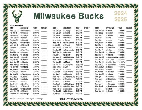 Printable 2024-2025 Milwaukee Bucks Schedule