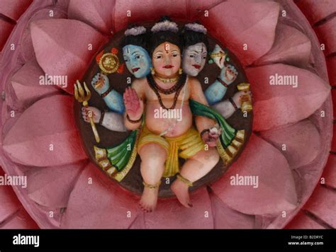 Trimurti, Brahma Vishnu and Shiva, the Hindu trinity depicted on the ceiling of a Hindu temple ...