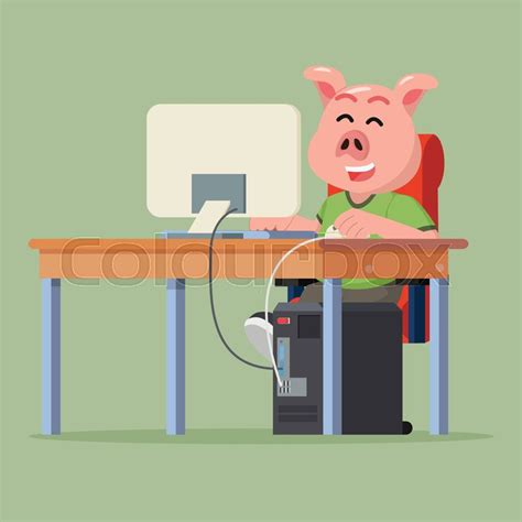 Fat pig nerd playing pc games | Stock vector | Colourbox