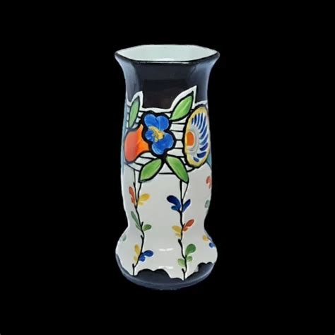 CZECH DITMAR URBACH Art Deco Hand Painted Floral Hexagon 8" Pottery Vase #10880 $43.00 - PicClick