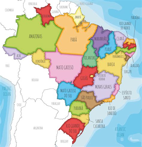 Vector illustrated map of Brazil with states and administrative divisions, and neighbouring ...