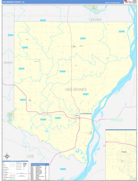 Des Moines County, IA Zip Code Wall Map Basic Style by MarketMAPS ...