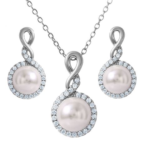 Sterling Silver Black Pearl CZ Earring and Necklace Set SBGS00272