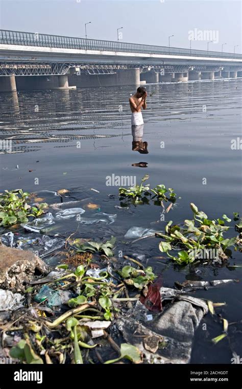 River pollution and prayers. Man praying in the polluted New Delhi stretch of the Yamuna River ...