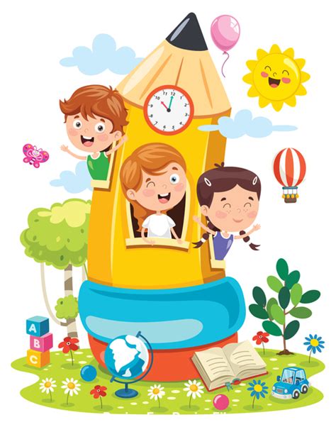 Cartoon happy kids and pencil room playing vector free download