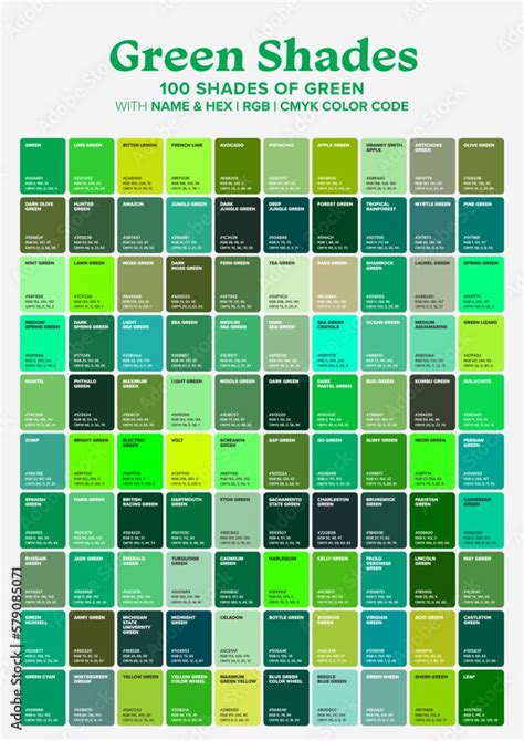 green shades poster with text and color swatches on the bottom half of each page