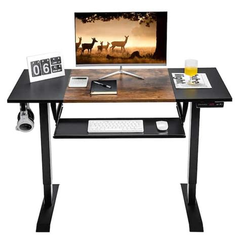 Costway 48 in. Rectangular Brown Electric Wood Sit to Stand Desk Adjustable Workstation Computer ...