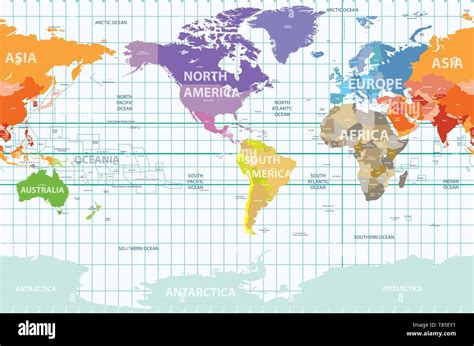 vector world map colored by continents and centered by America Stock Vector Image & Art - Alamy