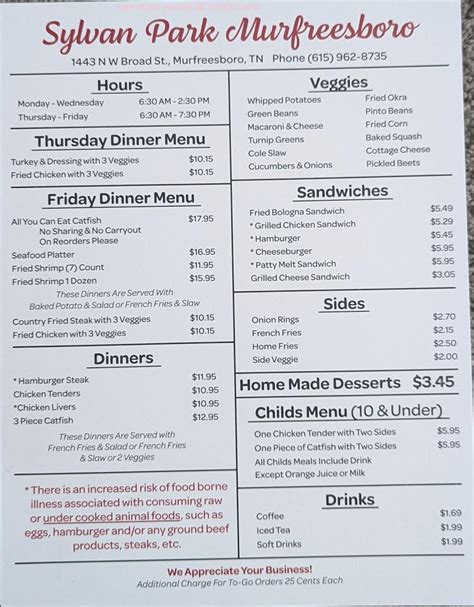 Online Menu of Sylvan Park-Murfreesboro Restaurant, Murfreesboro ...