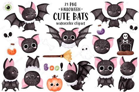 Bats Clipart, Halloween Watercolor Clipart, Cute bat clipart