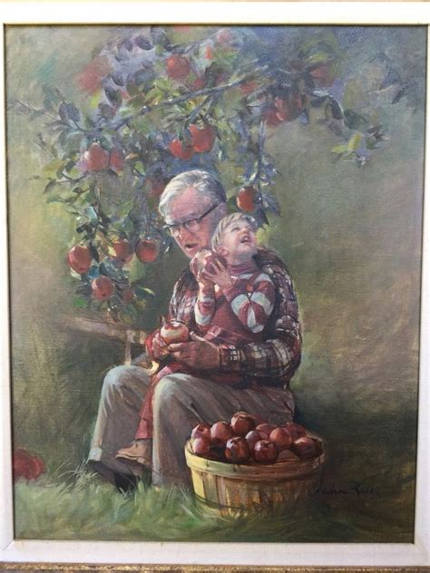 Original OIL PAINTING CHILD W/GRANDPA PICKING APPLES | #1969484872