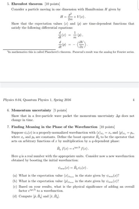 Solved 3 questions about quantum Ehrenfest theorem [10 | Chegg.com