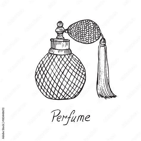 Perfume vintage bottle with inscription, hand drawn doodle sketch, isolated vector illustration ...