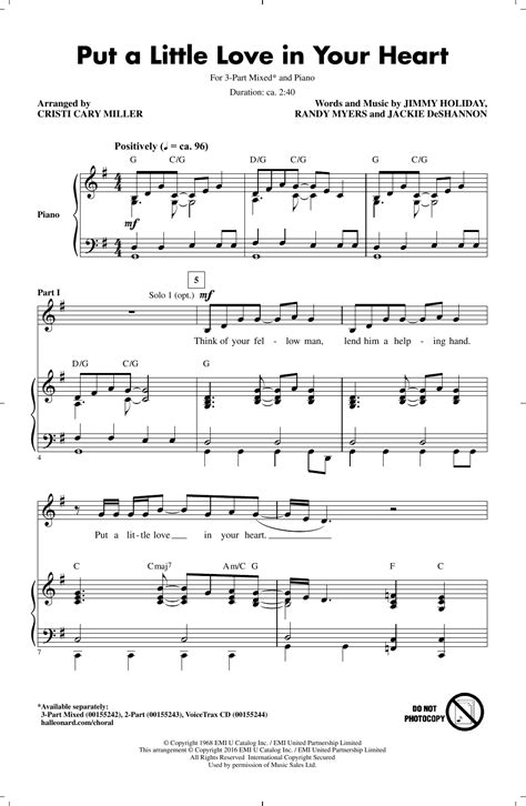 Put A Little Love In Your Heart by Cristi Cary Miller Sheet Music for 3-Part Mixed Choir at ...