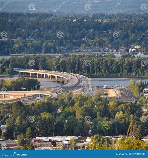 Aerial of the Glenn Jackson Bridge Connecting Oregon To Washington Spanning the Columbia River ...