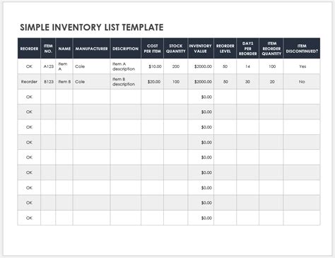 Inventory List Excel Template