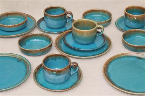 California Rustic vintage stoneware pottery dishes, ocean blue w/ copper brown drip glaze