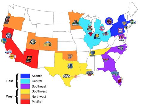 Map of all the NBA teams organised by conference and geographical division @Amanda Woodard for ...