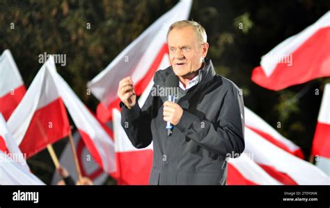 Warsaw, Poland. 9 October 2023. Donald Tusk speaks at an election rally ...