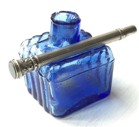 Antique ink bottle victorian hand made blue glass ink