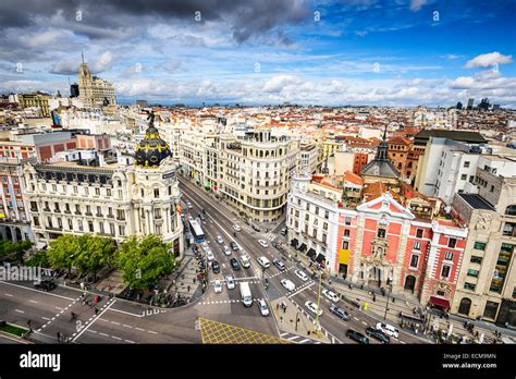 Madrid, Spain cityscape above Gran Via shopping street Stock Photo - Alamy