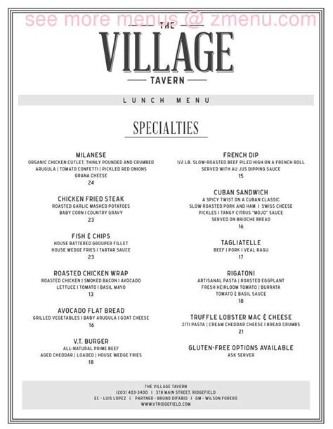 Online Menu of The Village Tavern Restaurant, Ridgefield, Connecticut, 06877 - Zmenu