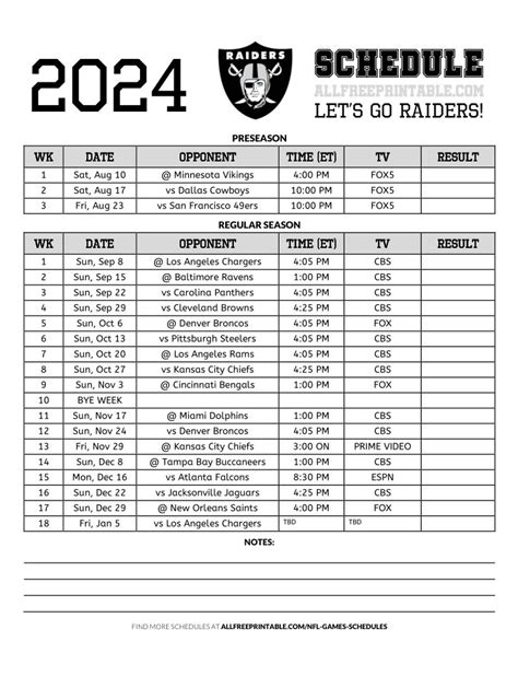 2024 Las Vegas Raiders Schedule – Free Printable