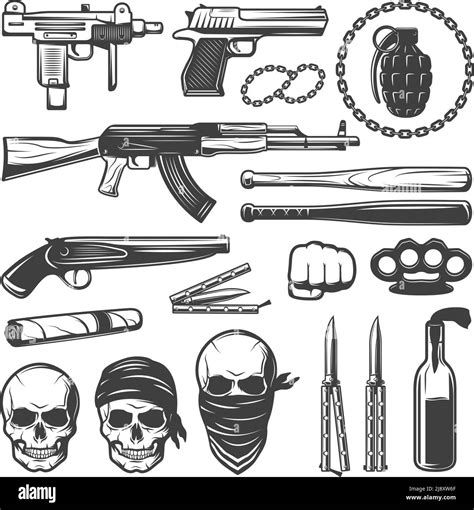 Set with various isolated gangster symbols with weapons guns bats ...