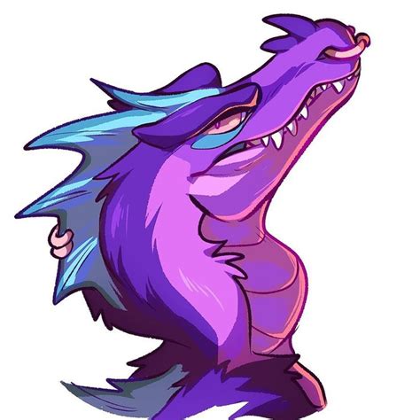 a drawing of a purple and blue dragon with its mouth open, looking like it's coming out of the water