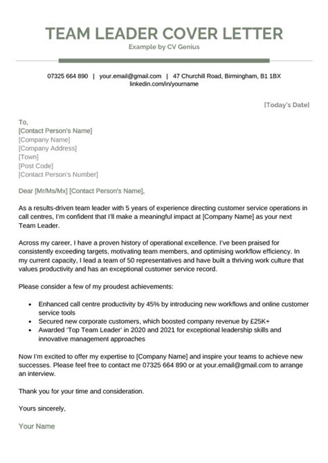 Team Leader Cover Letter - Example & Free Template