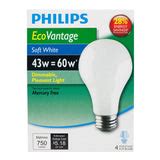 4Pk - Philips 43w 120v A-Shape A19 Soft White E26 EcoVantage Halogen L – BulbAmerica