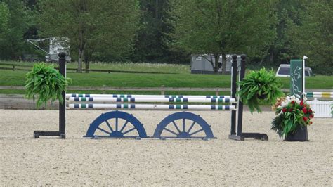 Fern Hanging Basket Horse Jump Standards and Blue Half Wagon Wheel Fillers | Horse jumping ...