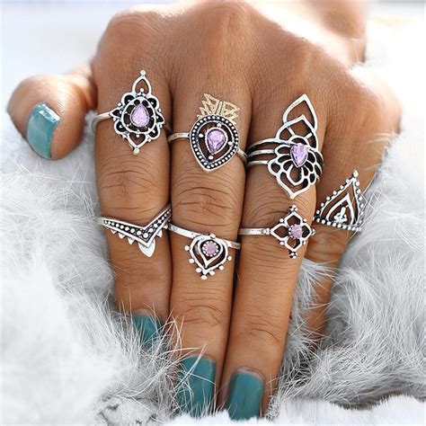 Kapa Boho Antiqued Vintage Silver Purple Crystal Rings Set 7 Pieces | Crystal rings, Ring sets ...