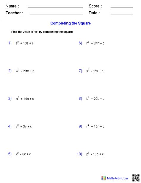 Algebra 1 Worksheets | Quadratic Functions Worksheets