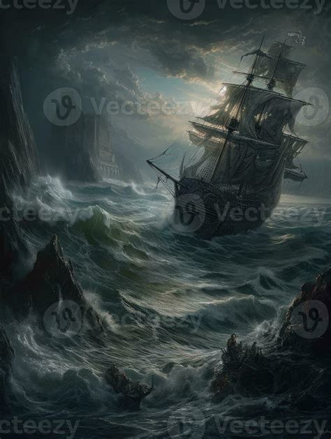 ship sea wave epic dark fantasy illustration art scary detailed poster oil painting apocalypse ...