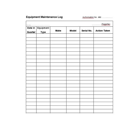 Printable Equipment Maintenance Log Template Excel