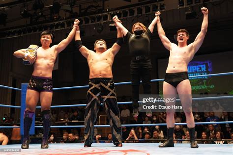 Ren Ayabe,Shuji Ishikawa and Oskar Leube celebrate the victory during ...