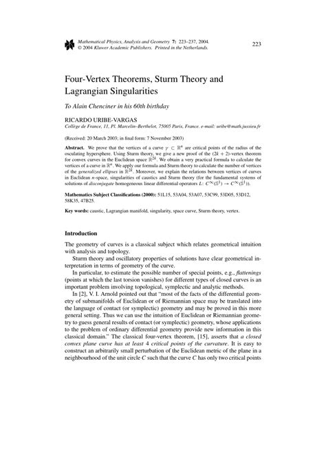 (PDF) Four-Vertex Theorems, Sturm Theory and Lagrangian Singularities