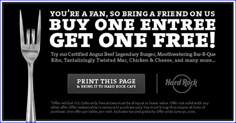 Free Sample Frenzy: Printable Coupons - B1G1 Entree at Hard Rock Cafe ...