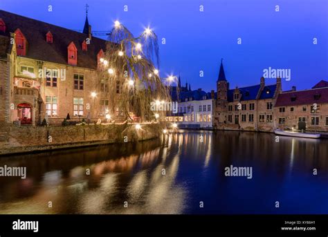 Rozenhoedkai in bruges Belgium decorated in christmas lights in ...