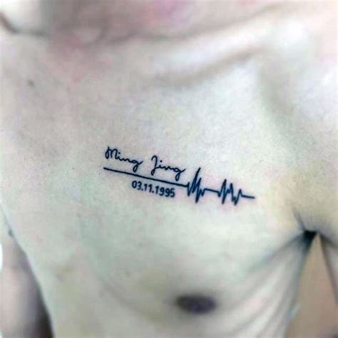 Heartbeat Mens Birthdate Of Child Name Tattoo On Upper Chest
