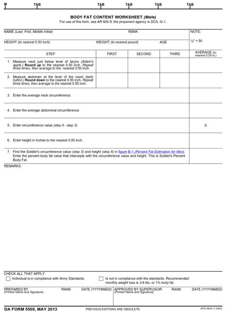 DA FORM 5500 – Body Fat Content Worksheet (Male) | Army Pubs DA Form