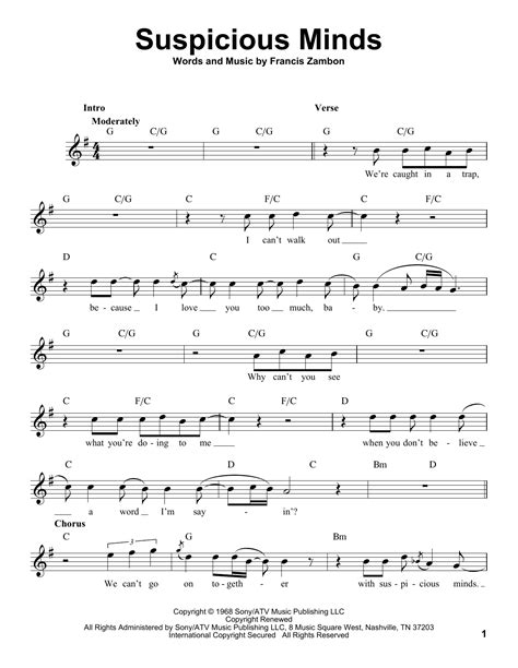 Suspicious Minds by Elvis Presley Sheet Music for Pro Vocal at Sheet ...